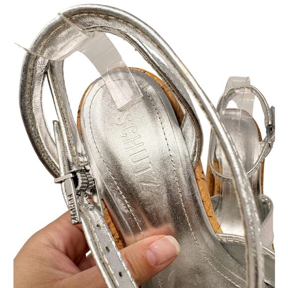 NEW Schutz Pattie Metallic Leather Platform Sandal Chunky Heel Silver US 8.5 - Picture 6 of 8